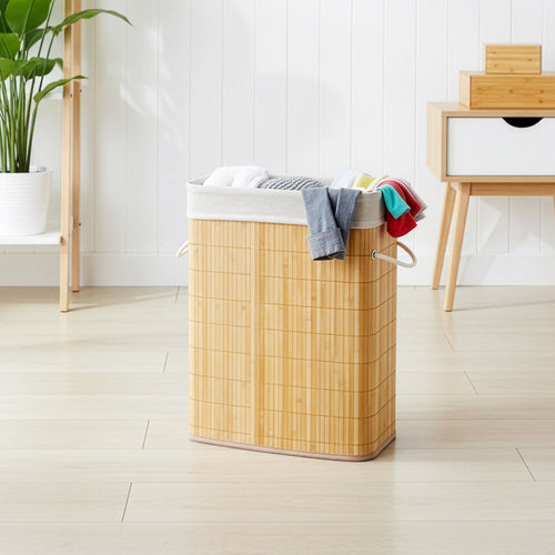 Barrote de Arrumação de Bambu de 40L com Cortina Enrolável, Cestos de Roupa Ideal para Lavandaria, Quarto e Uso de Canto, Organizador de Armário, Arrumação de Quarto