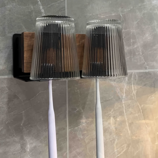 1 Suporte de Escova de Dentes em Madeira de Nogueira para Montar na Parede, Sem Necessidade de Furar, para Uso Familiar, Copo para Escova de Dentes Elétrica, Copo para Elixir Bucal, Sensação de Alta Qualidade