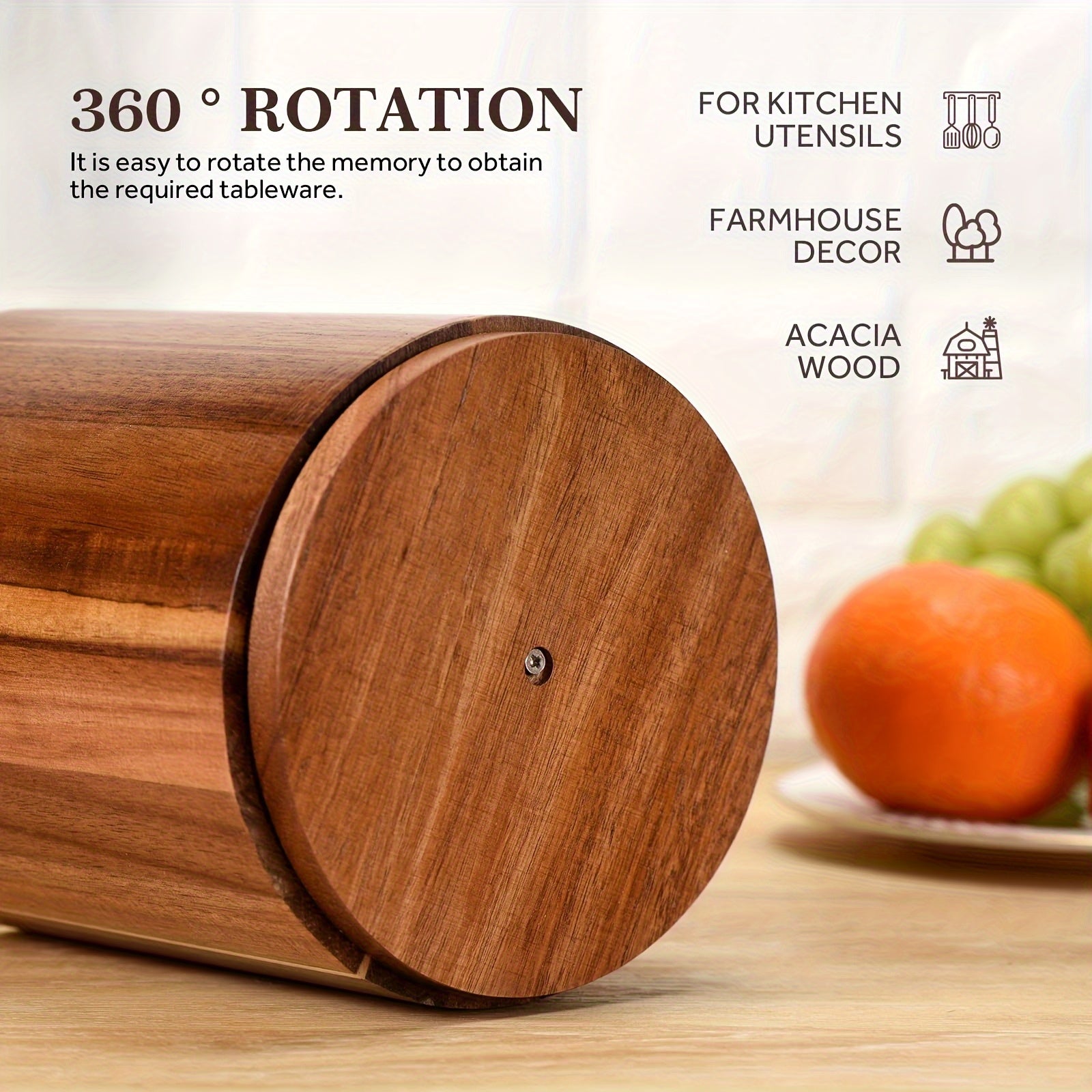 Suporte Grande de Madeira para Utensílios de Cozinha de 19.3cm - Caixa de Armazenamento Giratória 360° para Bancada para Colheres, Batedeiras, Espátulas, Etc. - Presente Ideal para o Natal, Decoração de Casa de Campo, Essenciais de Cozinha | Prateleira Decorativa de Estilo Rústico | Suporte de
