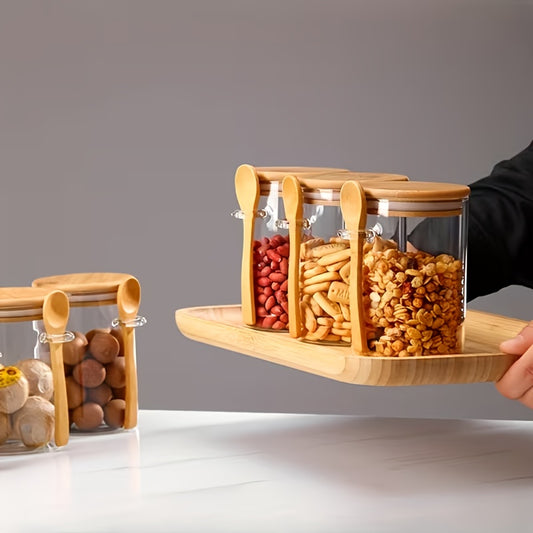 Conjunto de Armazenamento de 12 Peças, Inclui 4 Potes de Armazenamento + 4 Tampas de Pote + 4 Colheres, com Tampas de Madeira de Bambu e Colheres de Madeira de Bambu – Potes com Vedação Articulada, Adequados para Grãos de Café, Grãos, Produtos Secos, uma Escolha Ideal para Organização de Despensa e