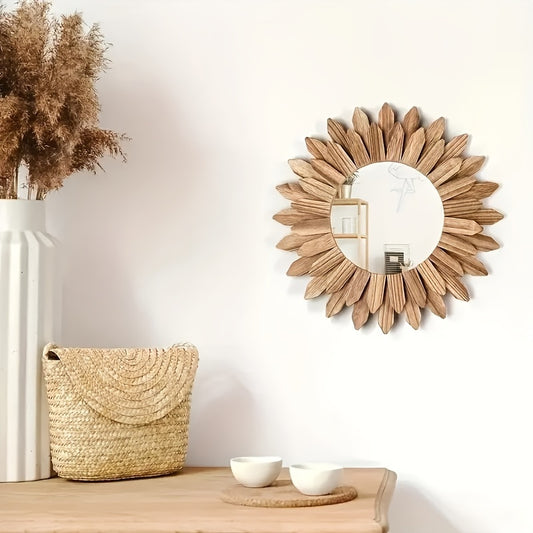 Espelho de Maquiagem Montado na Parede com Girassol Chique - Moldura Redonda de Madeira, Leve & Não Precisa de Energia - Perfeito para Decoração de Casa