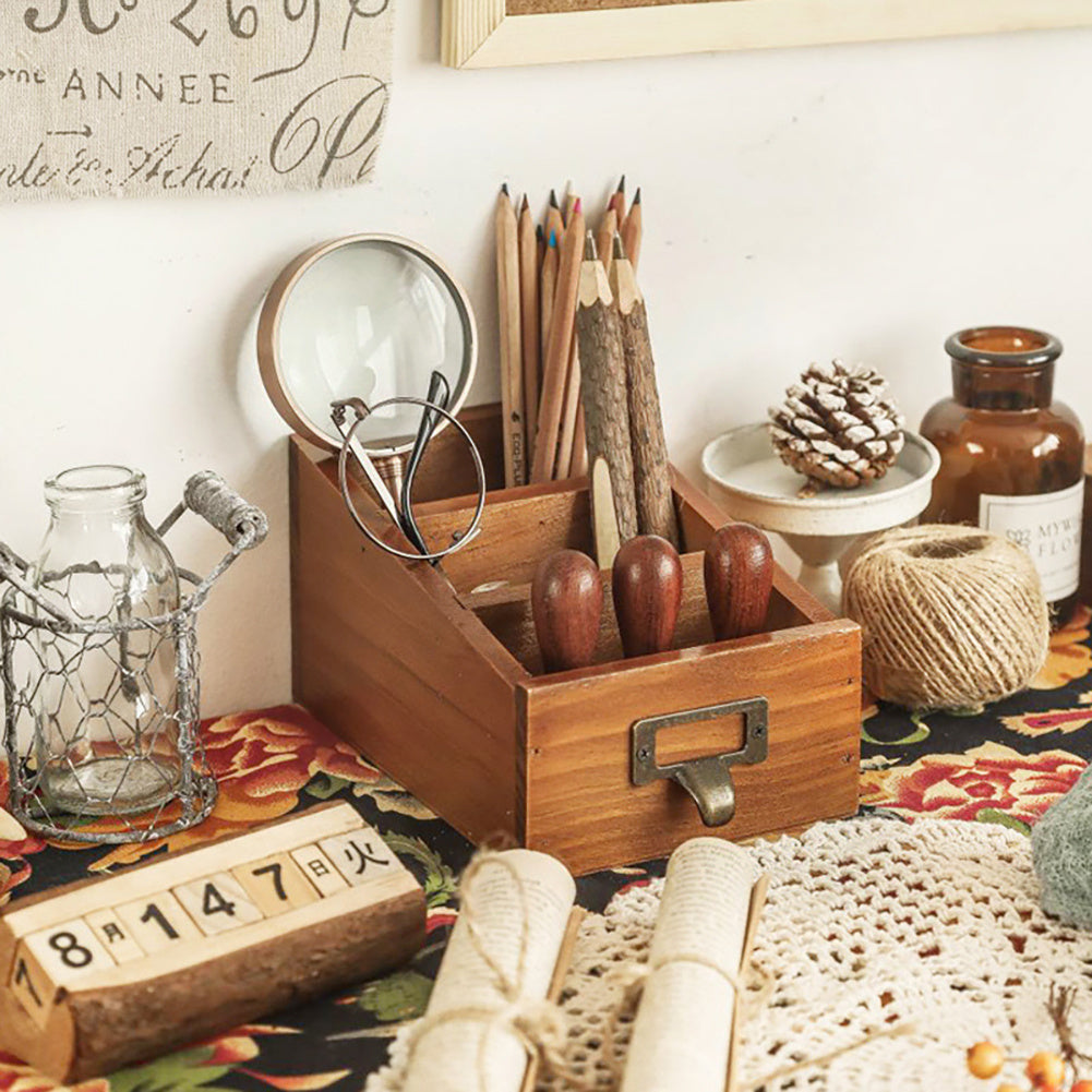 Suporte de Controle Remoto de Madeira Vintage - Organizador de Mesa com 3 Compartimentos para Papelaria e Cosméticos, Caixa de Armazenamento Multiuso para Casa e Escritório