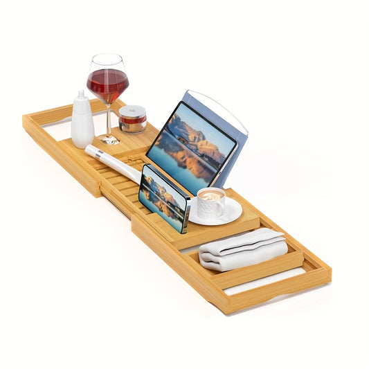 Tabuleiro de Banheira de Luxo, Suporte de Tabuleiro de Banheira em Bambu - Tabuleiro de Casa de Banho de Madeira Expansível, Adequado para Livros e Tablet Integrado Smartphones e Suporte de Vinho - um Presente para Entes Queridos, Equipamento e Organização de Armazenamento de Casa de Banho, Prateleira, Amarelo