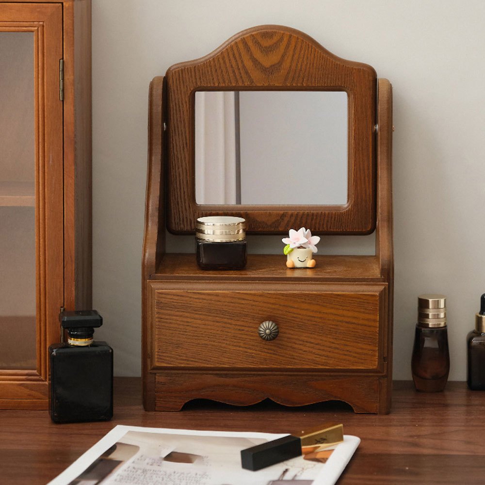 Espelho de Toucador de Madeira com Gavetas, Espelho de Maquiagem Vintage para Quarto, Caixa de Joias Multifuncional com Armazenamento, Caixa de Joias Ajustável para Mesa ou Piso, Ideal para Toucador de Quarto e Decoração de Casa