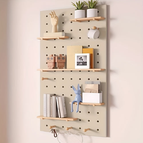Kit de Organização de Parede com Painel de Ganchos em Madeira Engenhada Multifuncional | Painel de Armazenamento Versátil Montado na Parede com Ganchos e Acessórios, Solução Criativa de Poupança de Espaço para Casa, Escritório e Organização de Cozinha, Acabamento em Madeira Polida, Prateleiras Utilitárias