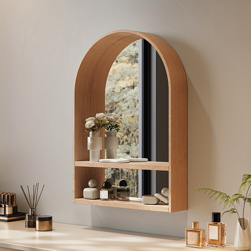 Espelho de Toucador Montado na Parede em Madeira de Faia com Prateleiras Integradas - Design Arqueado Temático Costeiro, Acabamento Polido para Quarto, Entrada ou Banheiro, Grão Natural