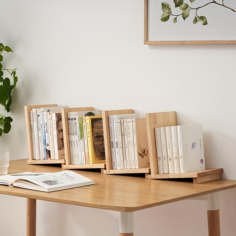 Estante de Livros Minimalista de Madeira - Acabamento Natural, Suporte de Livros de Madeira na Cor de Tronco Bruto para Organização de Papelaria de Mesa, Estante de Mesa Simples e Criativa