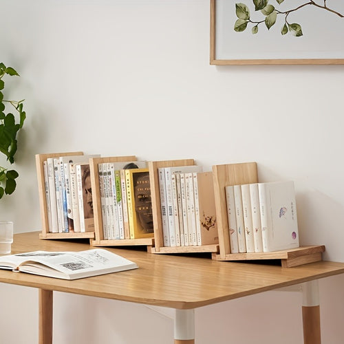 Estante de Livros Minimalista de Madeira - Acabamento Natural, Suporte de Livros de Madeira na Cor de Tronco Bruto para Organização de Papelaria de Mesa, Estante de Mesa Simples e Criativa
