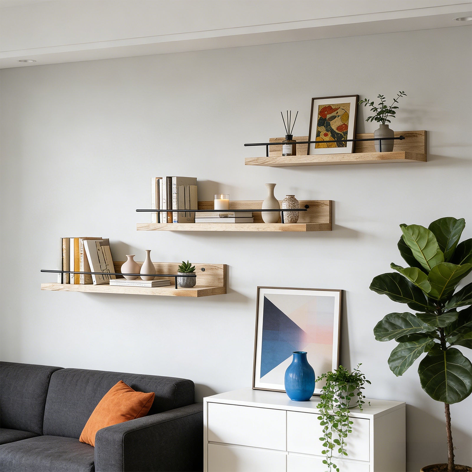 Conjunto de 3 Prateleiras Flutuantes de Madeira com Borda de Proteção, Repedreiro para Quadros, Prateleira Suspensa, Fácil de Instalar, Economiza Espaço, Multifuncional, Suporte de Armazenamento Decorativo para Estatuetas, Artesanato, Plantas, Expositor, Decoração para Quarto, Banheiro, Cozinha, Sala de Estar, Escritório em Casa, 40*15*4cm