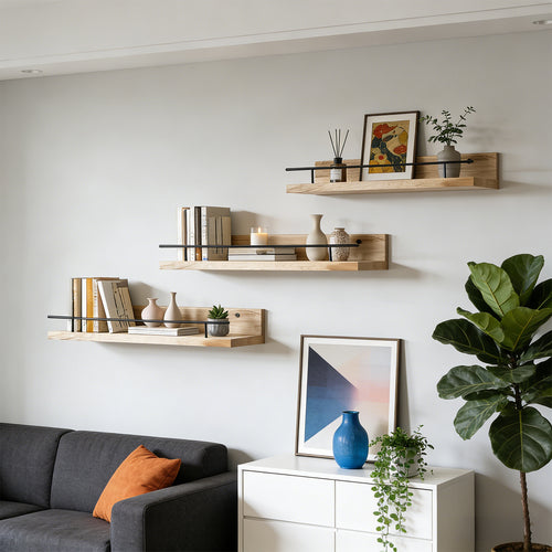 Conjunto de 3 Prateleiras Flutuantes de Madeira com Borda de Proteção, Repedreiro para Quadros, Prateleira Suspensa, Fácil de Instalar, Economiza Espaço, Multifuncional, Suporte de Armazenamento Decorativo para Estatuetas, Artesanato, Plantas, Expositor, Decoração para Quarto, Banheiro, Cozinha, Sala de Estar, Escritório em Casa, 40*15*4cm