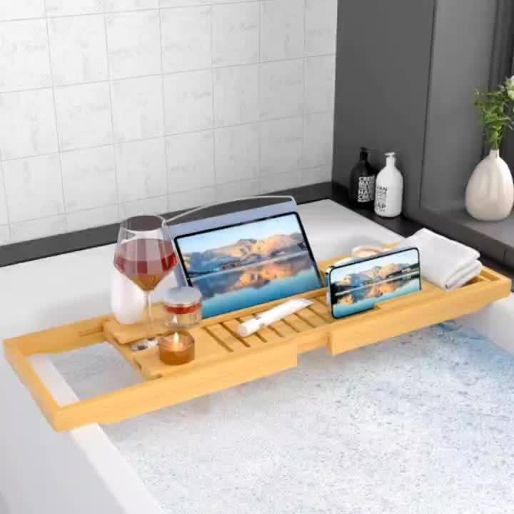 Tabuleiro de Banheira de Luxo, Suporte de Tabuleiro de Banheira em Bambu - Tabuleiro de Casa de Banho de Madeira Expansível, Adequado para Livros e Tablet Integrado Smartphones e Suporte de Vinho - um Presente para Entes Queridos, Equipamento e Organização de Armazenamento de Casa de Banho, Prateleira, Amarelo