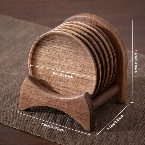 Conjunto de Bases para Copos em Madeira de Nogueira Preta, Incluindo Seis Bases e um Porta-Copos, Apresentando uma Bule, Porta-Copos e um Tapete Termo-Isolante, Projetado Como um Conjunto Completo de Acessórios para Cerimónia do Chá
