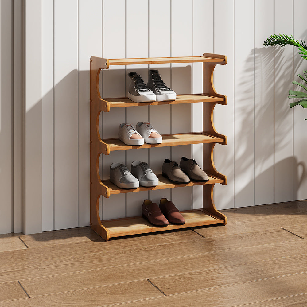 Expositor de Sapatos de 3/4/5 Níveis, Prateleira Organizadora de Armazenamento de Sapatos de Madeira Multiuso, Unidade de Múltiplas Prateleiras, Armário de Calçados Autônomo, Torre de Sapatos Vertical Fina de Grande Capacidade em Bambu, Suporte para Tênis, Organizador de Sapatos para Sala de Estar, Porta de Entrada
