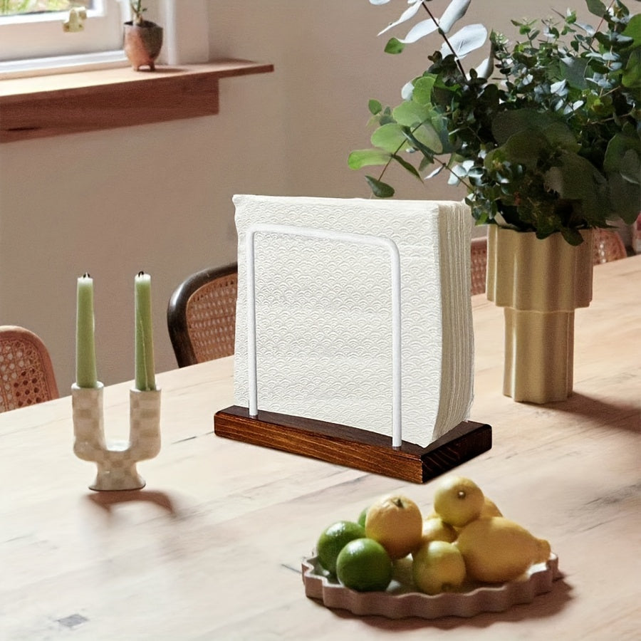 Um Porta Guardanapos de Madeira para a Mesa de Jantar, Adequado para Uso na Cozinha, Que Pode Acomodar Toalhas de Papel e Guardanapos, Apresentando uma Cor Castanha e um Estilo de Casa de Campo