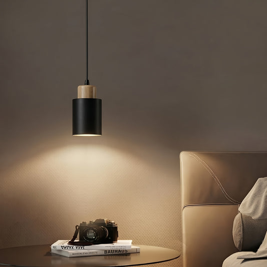 Luminária de Pêndulo Estilo Casa de Campo Moderna, Luminária Preta Fosca, Luminária de Pêndulo Cilíndrica de Metal e Madeira com Veios Vintage, Altura Ajustável, Base E27, Luminária Suspensa Elegante Adequada para Cozinha, Mesa de Jantar, Quarto, Lâmpada Não Inclusa