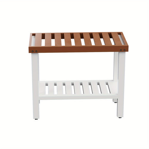 Cadeira de banho de madeira de pinho, cadeira de banho com prateleira, cadeira de banho, cadeira de banho antiderrapante, adequada para uso interior e exterior, cor marrom + branca