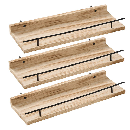 Conjunto de 3 Prateleiras Flutuantes de Madeira com Borda de Proteção, Repedreiro para Quadros, Prateleira Suspensa, Fácil de Instalar, Economiza Espaço, Multifuncional, Suporte de Armazenamento Decorativo para Estatuetas, Artesanato, Plantas, Expositor, Decoração para Quarto, Banheiro, Cozinha, Sala de Estar, Escritório em Casa, 40*15*4cm