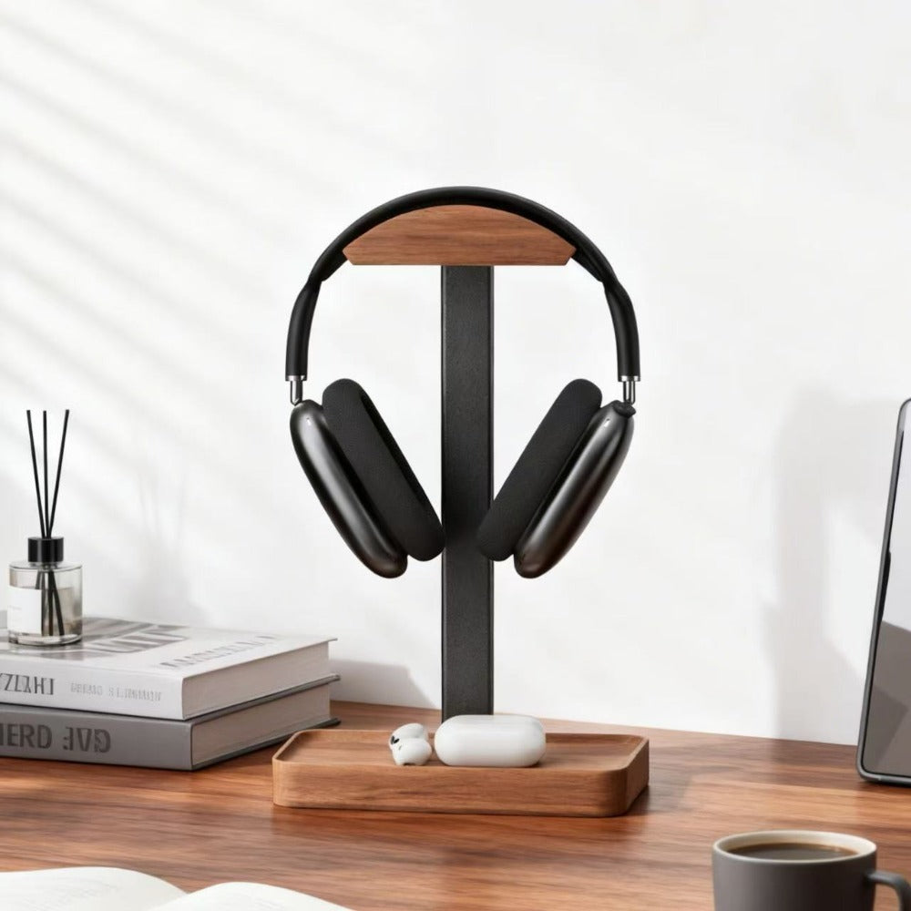 Suporte para Fones de Ouvido em Madeira de Nogueira, Organizador de Mesa, Suporte de Armazenamento para Mesa, Base Antiderrapante, Suporte de Peso Estável, Adequado para a Maioria dos Modelos de Fones de Ouvido, Item Decorativo Charmoso, Ornamento de Mesa de Alta Qualidade, Prateleira de