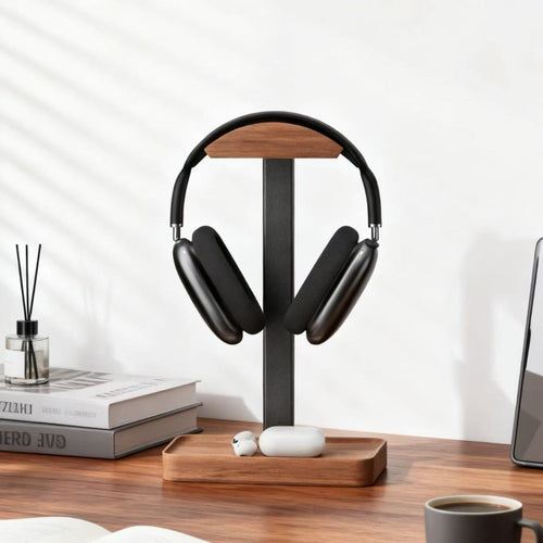 Suporte para Fones de Ouvido em Madeira de Nogueira, Organizador de Mesa, Suporte de Armazenamento para Mesa, Base Antiderrapante, Suporte de Peso Estável, Adequado para a Maioria dos Modelos de Fones de Ouvido, Item Decorativo Charmoso, Ornamento de Mesa de Alta Qualidade, Prateleira de