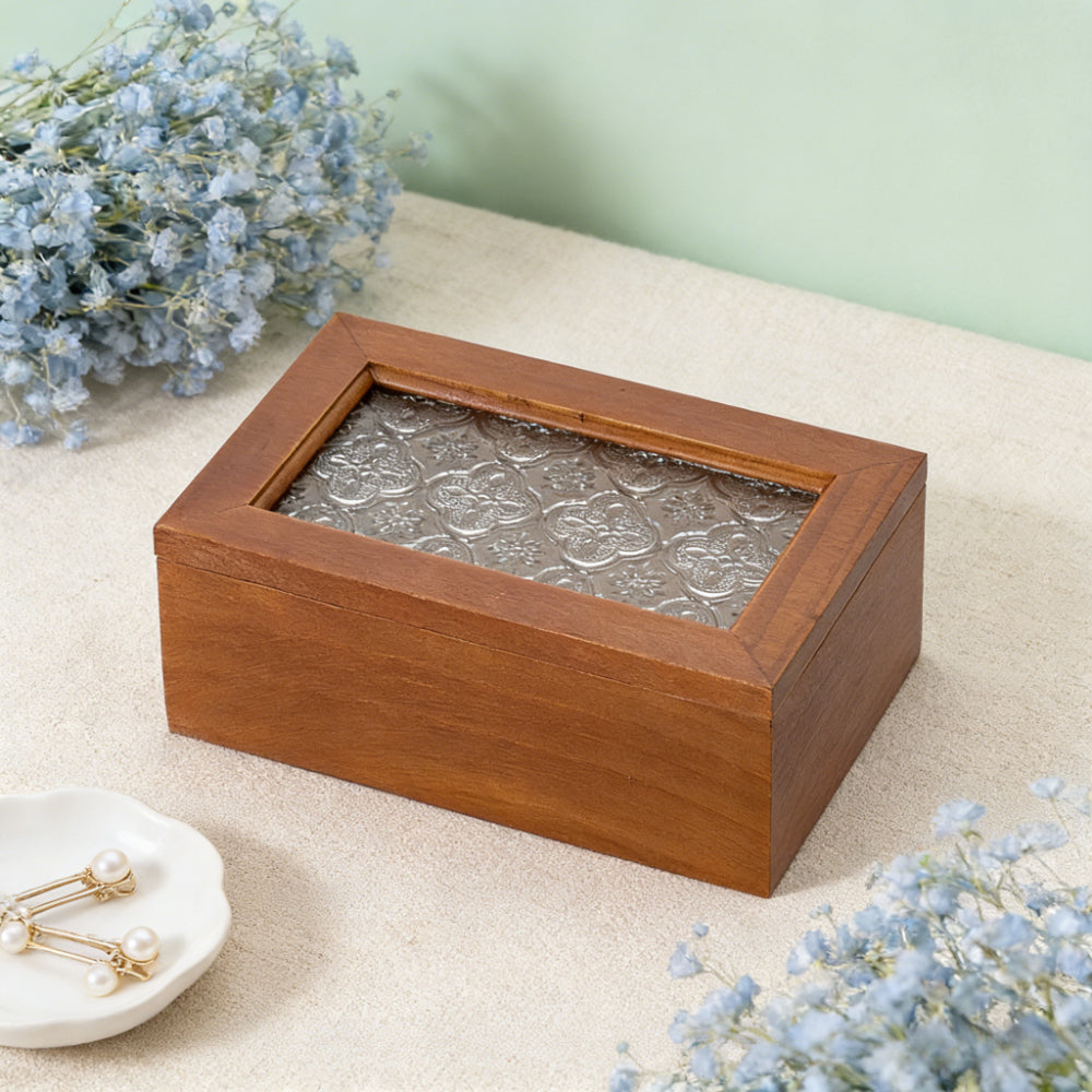 1 peça Caixa de Joias Decorativa Vintage de Madeira Maciça, Caixa de Armazenamento Multiuso para Bugigangas com Tampa de Vidro de Flor de Macieira Silvestre, Organizador de Mesa, Armário, Recipiente para Acessórios Diversos, Caixa de Exibição para Artesanato, Caixas de Presente para Dia dos Namorados e Páscoa, Decoração para Casa e Escritório