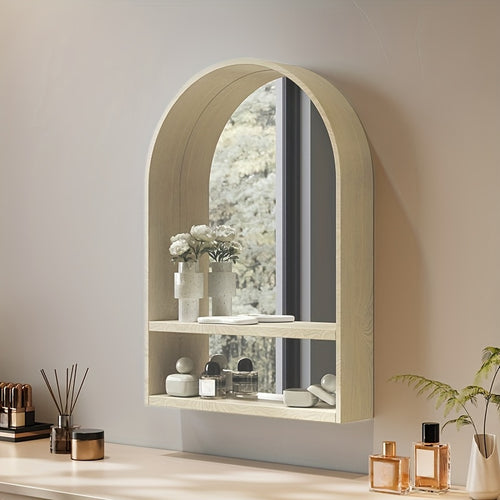 Espelho de Toucador Montado na Parede em Madeira de Faia com Prateleiras Integradas - Design Arqueado Temático Costeiro, Acabamento Polido para Quarto, Entrada ou Banheiro, Grão Natural