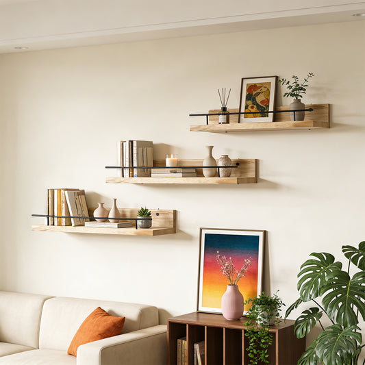 Conjunto de 3 Prateleiras Flutuantes de Madeira com Borda de Proteção, Repedreiro para Quadros, Prateleira Suspensa, Fácil de Instalar, Economiza Espaço, Multifuncional, Suporte de Armazenamento Decorativo para Estatuetas, Artesanato, Plantas, Expositor, Decoração para Quarto, Banheiro, Cozinha, Sala de Estar, Escritório em Casa, 40*15*4cm