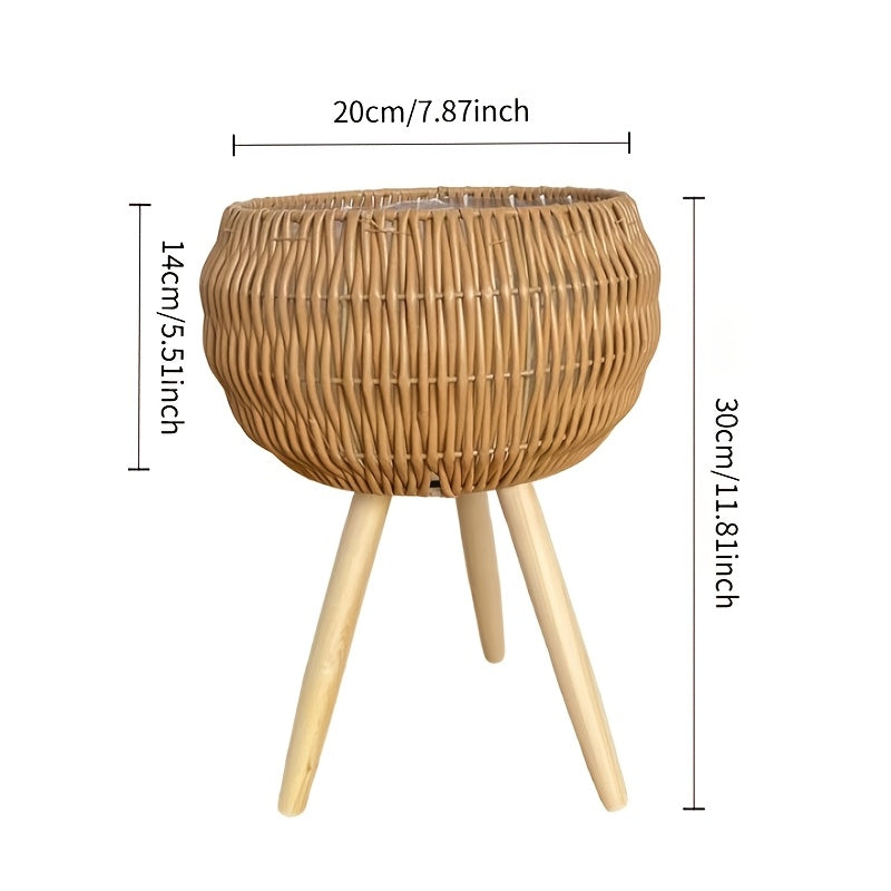 Conjunto de Vaso de Rattan Boho com Tripé de Madeira, 2 unidades/1 unidade, Cesto de Vime Entrançado à Mão com Forro Impermeável, 2 Tamanhos, Respirável, Ideal para Plantas de Interior, Sala de Estar, Varanda, Apartamento, Perfeito para Alugadores, Presente de Jardinagem, Decoração de Casa