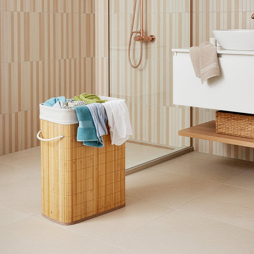 Barrote de Arrumação de Bambu de 40L com Cortina Enrolável, Cestos de Roupa Ideal para Lavandaria, Quarto e Uso de Canto, Organizador de Armário, Arrumação de Quarto