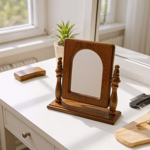 Espelho de Toucador de Madeira com Gavetas, Espelho de Maquiagem Vintage para Quarto, Caixa de Joias Multifuncional com Armazenamento, Caixa de Joias Ajustável para Mesa ou Piso, Ideal para Toucador de Quarto e Decoração de Casa