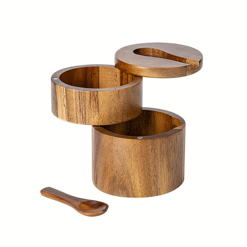 Conjunto de Frascos de Condimentos em Madeira de Acácia | Frasco de Sal, Frasco de Pimenta, Garrafa de Especiarias, Caixa de Armazenamento de Cozinha Selada à Prova de Humidade, Recipiente de Condimentos de Madeira de Alta Qualidade, Uso Duplo para Cozinha e Mesa de Jantar (1 unidade)