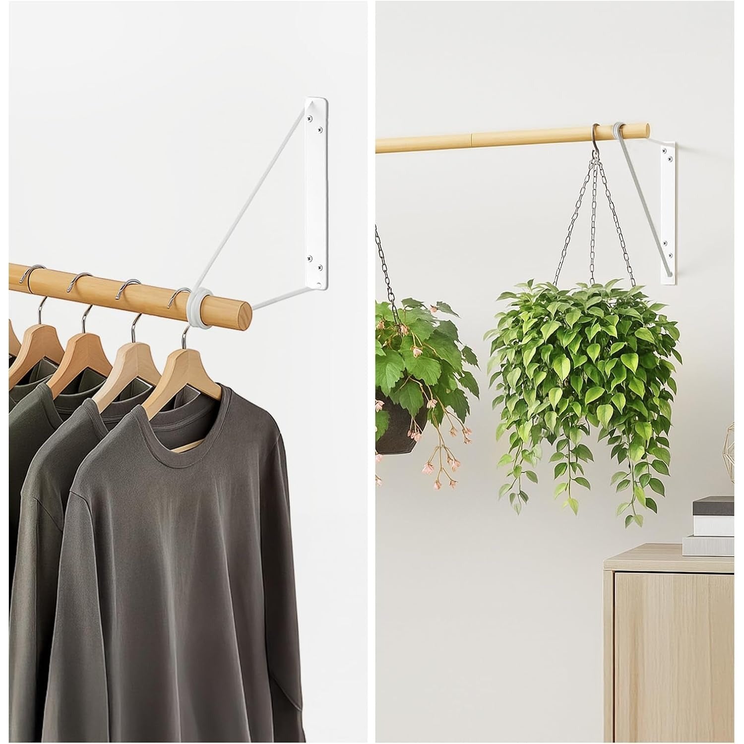 Roda de roupa montada na parede, elegante madeira pendurada com aço para pendurar roupas, cabide de parede para pendurar roupas, barra de roupa, suporte para toalhas, exibição de retalho para corredor, quarto, entrada