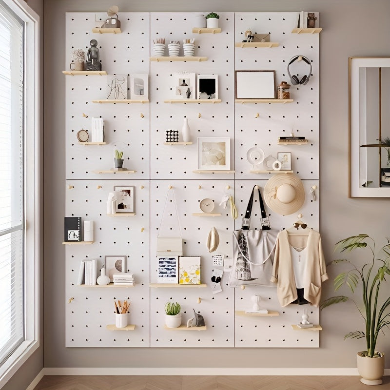 Kit de Organização de Parede com Painel de Ganchos em Madeira Engenhada Multifuncional | Painel de Armazenamento Versátil Montado na Parede com Ganchos e Acessórios, Solução Criativa de Poupança de Espaço para Casa, Escritório e Organização de Cozinha, Acabamento em Madeira Polida, Prateleiras Utilitárias