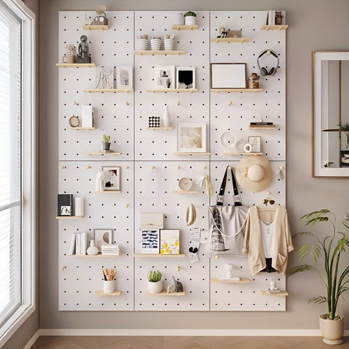 Kit de Organização de Parede com Painel de Ganchos em Madeira Engenhada Multifuncional | Painel de Armazenamento Versátil Montado na Parede com Ganchos e Acessórios, Solução Criativa de Poupança de Espaço para Casa, Escritório e Organização de Cozinha, Acabamento em Madeira Polida, Prateleiras Utilitárias
