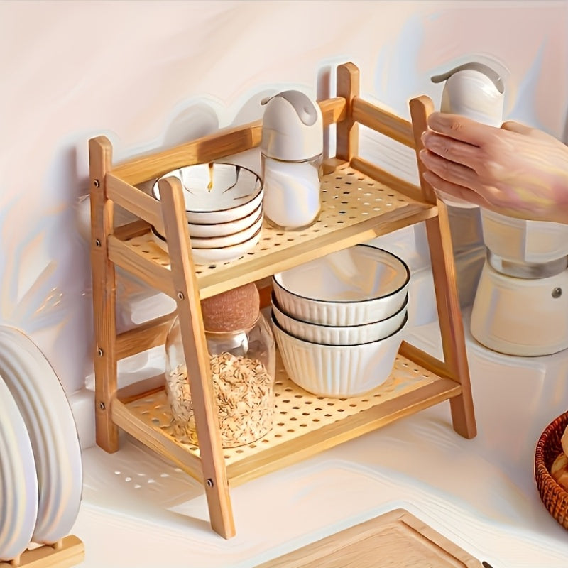 Estante Multiuso de 28cm com Dupla Camada Estilo Madeira Natural, Estável e com Boa Capacidade de Carga, Prateleiras de Vime Trançado Respiráveis, Design Aberto Trapezoidal que Economiza Espaço, Estante de Armazenamento e Decoração para Vários Cenários para Temperos de Cozinha/Xícaras e Pratos de