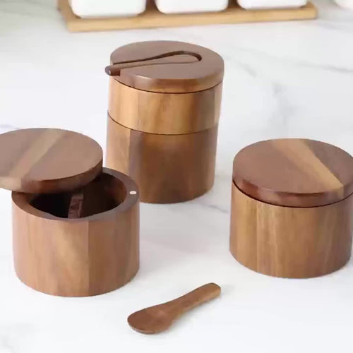 Conjunto de Frascos de Condimentos em Madeira de Acácia | Frasco de Sal, Frasco de Pimenta, Garrafa de Especiarias, Caixa de Armazenamento de Cozinha Selada à Prova de Humidade, Recipiente de Condimentos de Madeira de Alta Qualidade, Uso Duplo para Cozinha e Mesa de Jantar (1 unidade)
