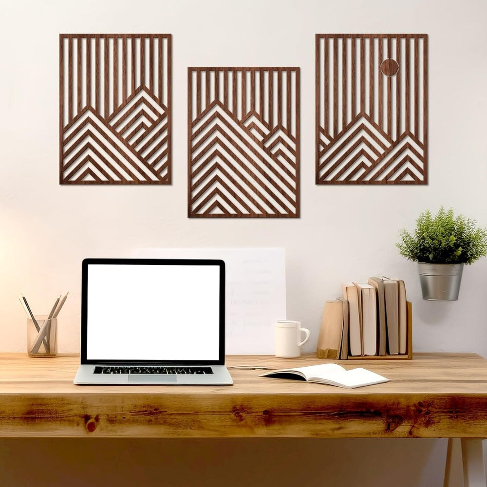Conjunto de 3 Esculturas de Parede Grandes de Madeira, Modernas, Minimalistas e Retrô - Ripas Horizontais Grossas Adequadas para Decoração de Sala de Estar, Quarto, Escritório - Arte em Painel de Madeira para Aconchego, Fácil Instalação, Destaque Contemporâneo para Casa