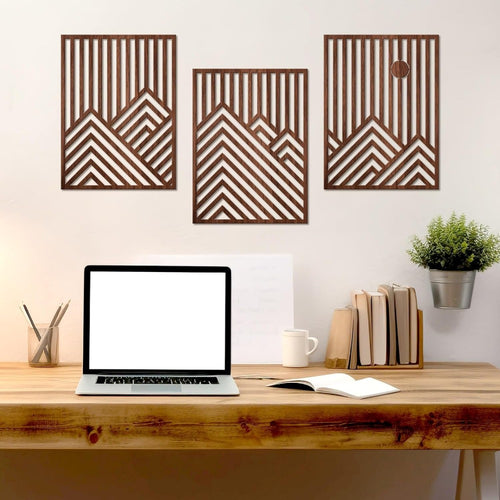 Conjunto de 3 Esculturas de Parede Grandes de Madeira, Modernas, Minimalistas e Retrô - Ripas Horizontais Grossas Adequadas para Decoração de Sala de Estar, Quarto, Escritório - Arte em Painel de Madeira para Aconchego, Fácil Instalação, Destaque Contemporâneo para Casa
