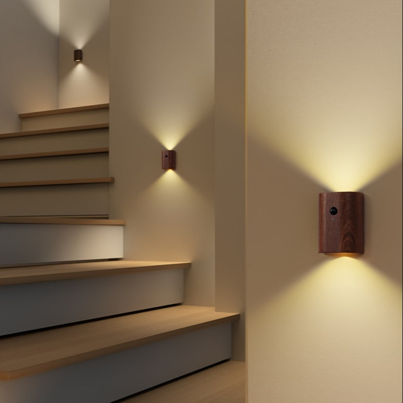 2 Unidades Luminária de Parede com Sensor de Movimento em Madeira Maciça Recarregável para Escadas, Corredor e Entrada
