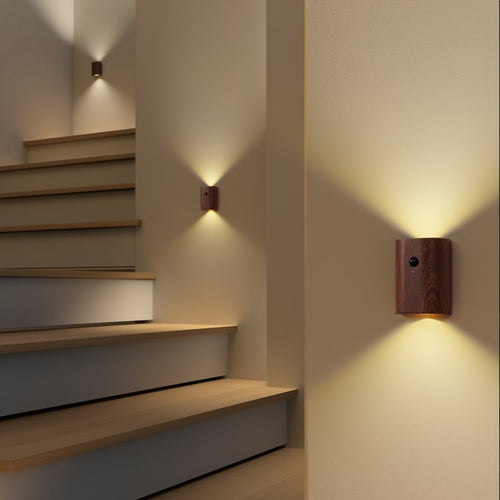 2 Unidades Luminária de Parede com Sensor de Movimento em Madeira Maciça Recarregável para Escadas, Corredor e Entrada