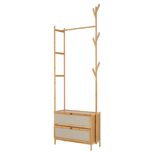 Suporte de Sapatos Oculto de Bambu para Poupar Espaço com Cabide - Armário de Sapatos com Design Ventilado, Cabide, Armário Aberto, Suporte de Roupa e Casacos Multiusos com Ganchos, Barra de Roupa de Madeira com Prateleiras para Hall de Entrada e Sala de Estar (Madeira Natural, 50x30x161cm)