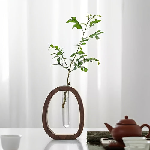 1 Peça Vaso de Flores Aquáticas em Madeira de Nogueira com Vidro Transparente - Vaso Cilíndrico para Flores Frescas, Plantas Aquáticas - Centro de Mesa para Casa ou Escritório, Vaso de Vidro Rústico Moderno para Flores Cultivadas na Água