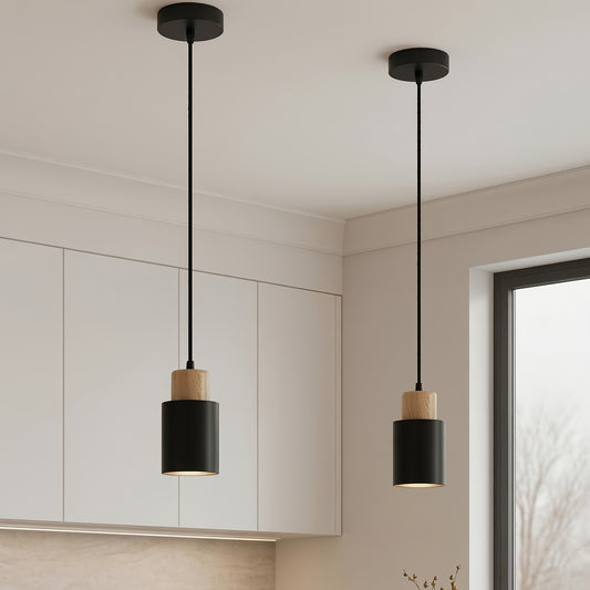 Luminária de Pêndulo Estilo Casa de Campo Moderna, Luminária Preta Fosca, Luminária de Pêndulo Cilíndrica de Metal e Madeira com Veios Vintage, Altura Ajustável, Base E27, Luminária Suspensa Elegante Adequada para Cozinha, Mesa de Jantar, Quarto, Lâmpada Não Inclusa