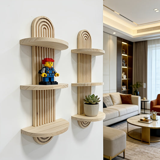 Prateleira de Parede de Madeira Maciça Estilo Boêmio - Unidade de Prateleira de Madeira Multinível com Veios de Madeira, Armazenamento em Camadas Adequado para Sala de Estar, Quarto, Entrada - Decoração Moderna que Economiza Espaço para Livros, Plantas, Decoração