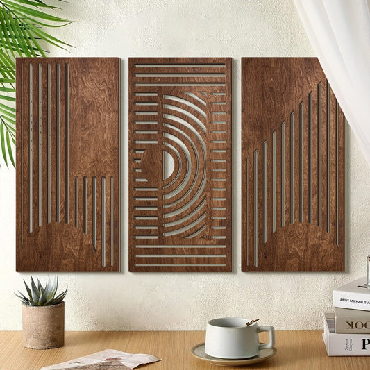 2D Flat - [Aberto] 1 Conjunto de 2 Placas e Ornamentos de Decoração de Parede Retangulares de Madeira Geométrica Nórdica 2D, Ondas Curvas Castanho Escuro com Listras Verticais Geométricas Ocas, Decorações de Parede de Arte de Parede Modernas Minimalistas para Sala de Estar e Quarto