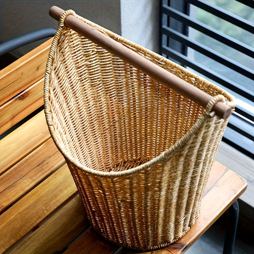 Cesto Porta-Rolhas de Papel Higiénico Retro Estilo Casa de Campo - Organizador de Armazenamento de Plástico Entrançado à Mão com Pega de Madeira para Organização da Casa de Banho - Capacidade para 5 Rolos, Cestos de Prateleira