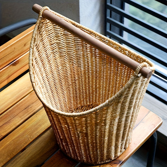 Cesto Porta-Rolhas de Papel Higiénico Retro Estilo Casa de Campo - Organizador de Armazenamento de Plástico Entrançado à Mão com Pega de Madeira para Organização da Casa de Banho - Capacidade para 5 Rolos, Cestos de Prateleira