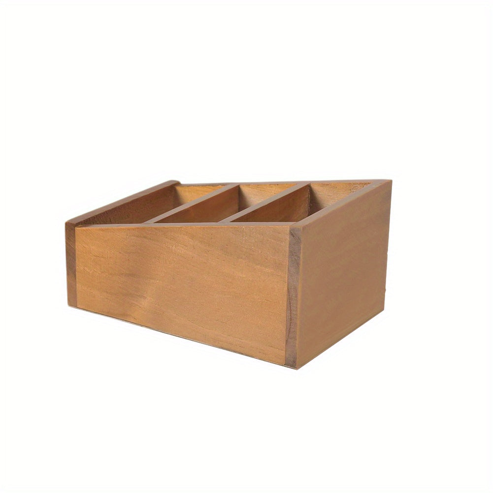Suporte de Controle Remoto de Madeira Vintage - Organizador de Mesa com 3 Compartimentos para Papelaria e Cosméticos, Caixa de Armazenamento Multiuso para Casa e Escritório