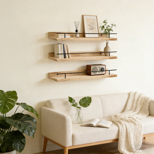 Conjunto de 3 Prateleiras Flutuantes de Madeira com Borda de Proteção, Repedreiro para Quadros, Prateleira Suspensa, Fácil de Instalar, Economiza Espaço, Multifuncional, Suporte de Armazenamento Decorativo para Estatuetas, Artesanato, Plantas, Expositor, Decoração para Quarto, Banheiro, Cozinha, Sala de Estar, Escritório em Casa, 40*15*4cm
