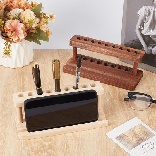 Conjunto de 2 Suportes de Canetas de Madeira para Secretária, Suporte de Exibição de Lápis em Madeira de Pinho com 9 Compartimentos e Suporte para Telemóvel, Organizador de Canetas Minimalista para Decoração de Secretária de Escritório