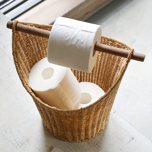 Cesto Porta-Rolhas de Papel Higiénico Retro Estilo Casa de Campo - Organizador de Armazenamento de Plástico Entrançado à Mão com Pega de Madeira para Organização da Casa de Banho - Capacidade para 5 Rolos, Cestos de Prateleira